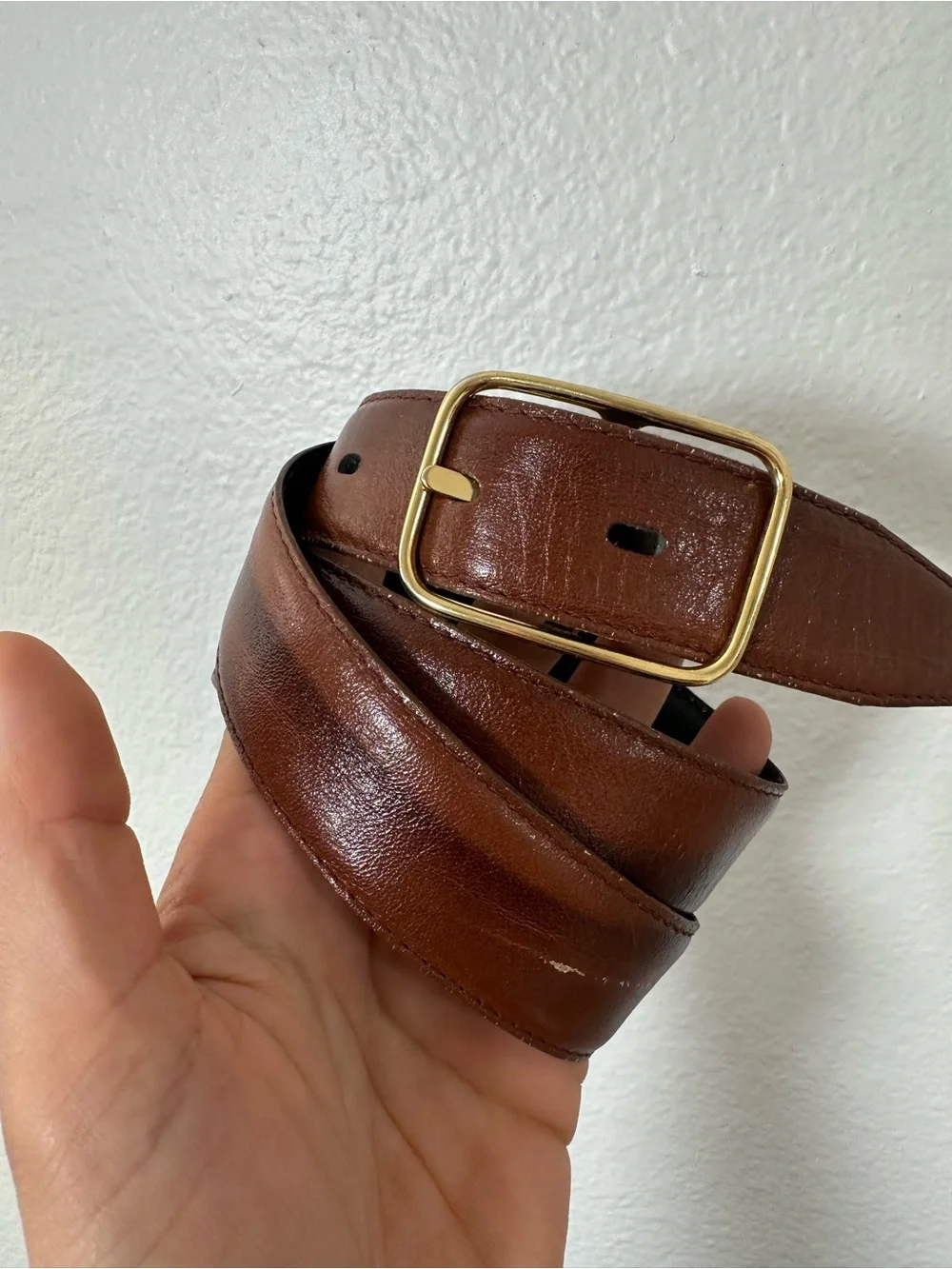 Vintage Classic Brown Leather Belt Sleek Solid Brass Buckle Minimalist Size S